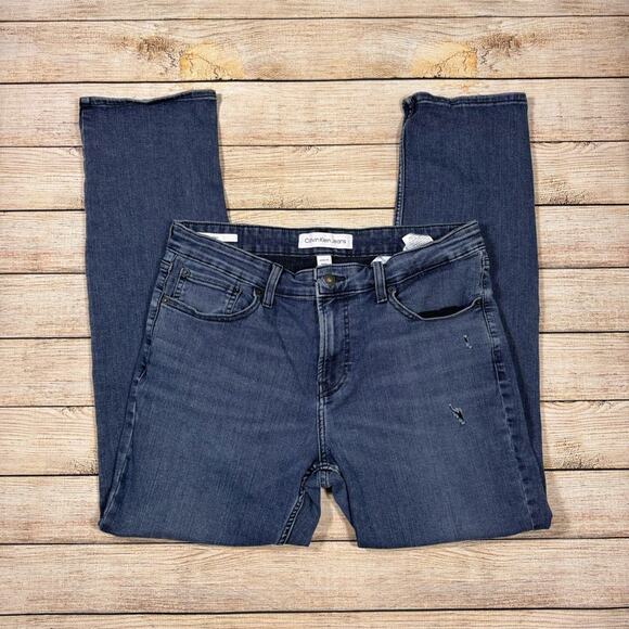 Calvin Klein Denim Blue Jeans Slim Distressed Men's Size 34 Hemmed to 28" - Picture 1 of 13